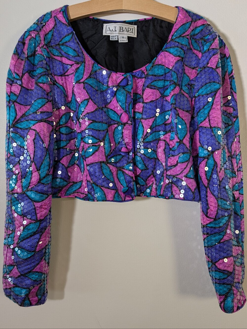 Cropped Boxy Sequined Jacket 100% Silk 80's Rave Prom Concert Western Vin Sz 14